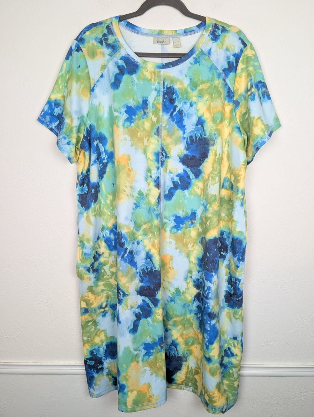 LOGO Lori Goldstein Dress French Terry Tee Tie Dye Boho Blue Green Size XL